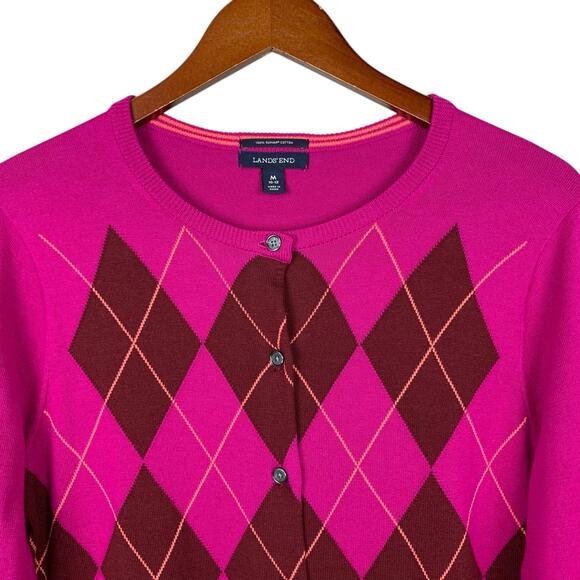 Lands End Argyle Cardigan Sweater Pink Button Front Supima Cotton Womens M 10 12 - Picture 2 of 7